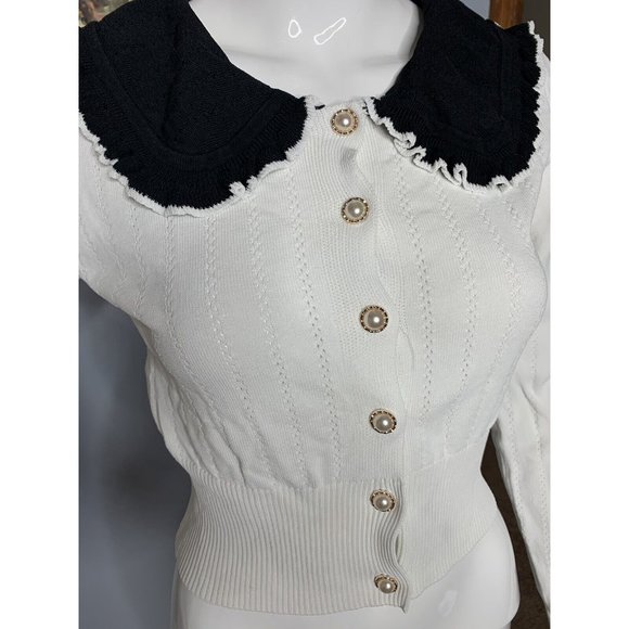 ZARA Sweater S White Black Collared Knit Long Sleeves Crop Top Stretch Button Up - Picture 3 of 6
